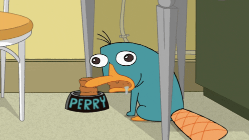 perry the platypus from phineas and ferb is eating something out of a bowl