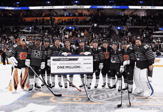a group of hockey players holding up a one million dollar check