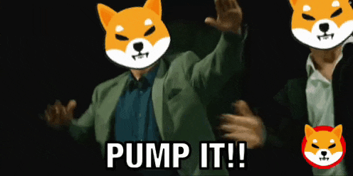 a man in a suit is dancing with two shiba inu masks on his faces .