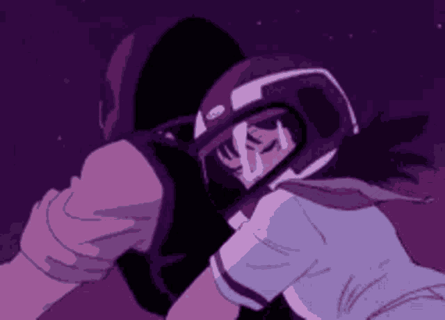 a girl wearing a helmet is standing next to a man wearing a mask .