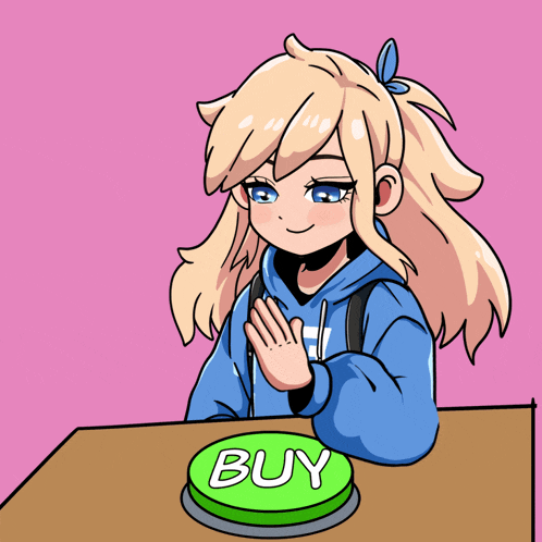 a cartoon girl is pressing a green buy button
