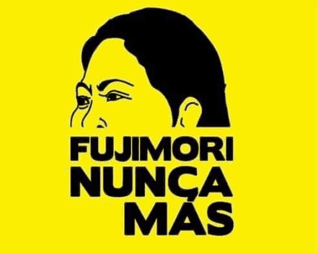 a yellow background with a black silhouette of a woman 's face and the words fujimori nunca mas