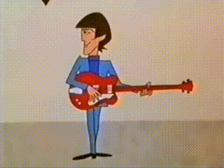 a cartoon drawing of a man playing a red guitar
