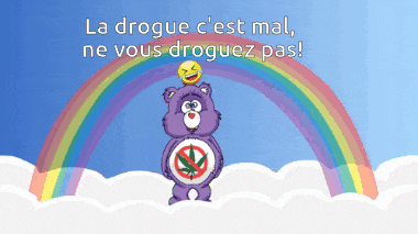 a care bear stands in front of a rainbow with the words la drogue c'est mal