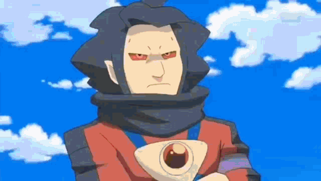 a cartoon character with red eyes and a scarf around his neck