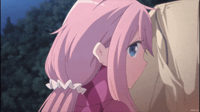a girl with pink hair and blue eyes looks at something