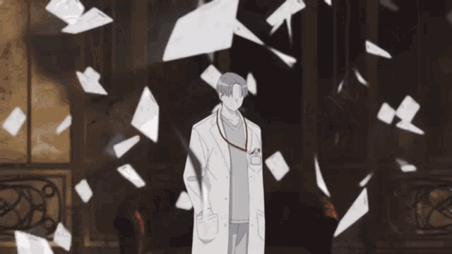 a man in a lab coat is surrounded by papers that are falling around him