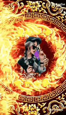a woman is standing in a circle of flames .