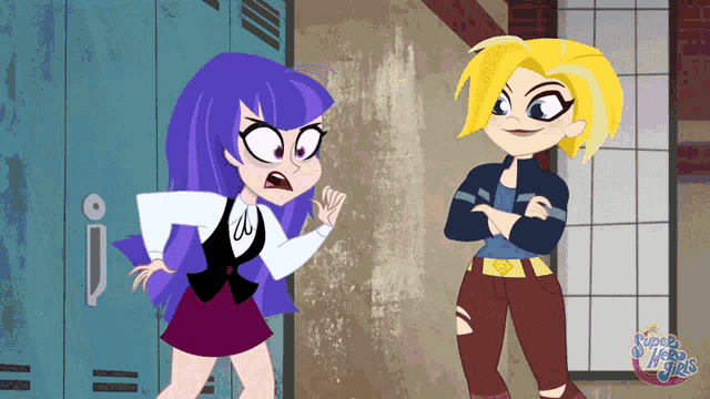 two cartoon girls are standing next to each other with super hero girls written on the bottom