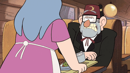 a cartoon character with a crescent moon on his hat is talking to a woman