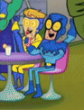 a group of cartoon characters are sitting at a table with a drink .