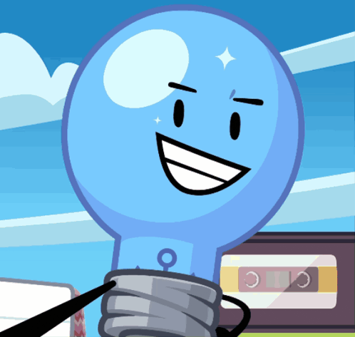 a blue light bulb with a smiling face and a cassette tape in the background