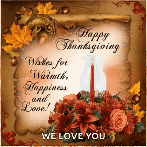 a happy thanksgiving card with flowers and a candle on it