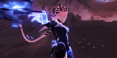 a girl with pink hair and a crown on her head is standing in a dark room