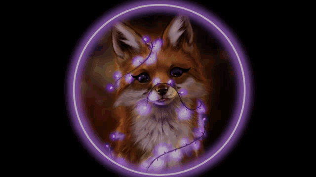 a fox is surrounded by purple lights in a circle on a black background