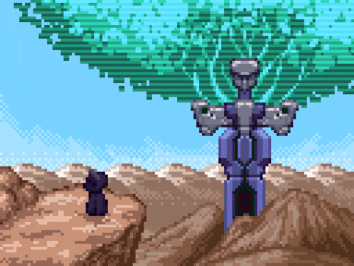 a pixel art drawing of a sword and a tree