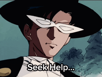 a man in a tuxedo with a mask on his eyes says seek help