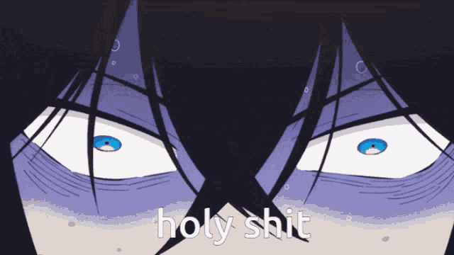 a close up of a person 's face with the words holy shit written on it