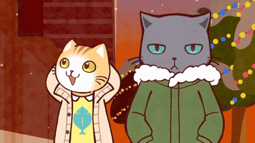two cartoon cats are standing next to each other and one has a fish shirt on