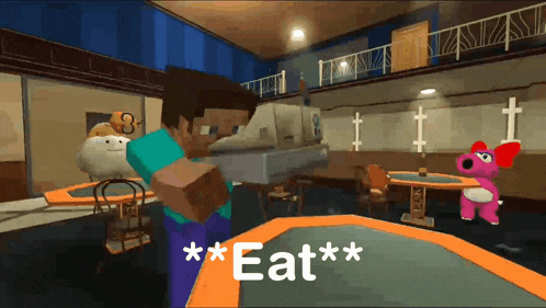 a cartoon drawing of a man holding a box with the words " eat " on the bottom
