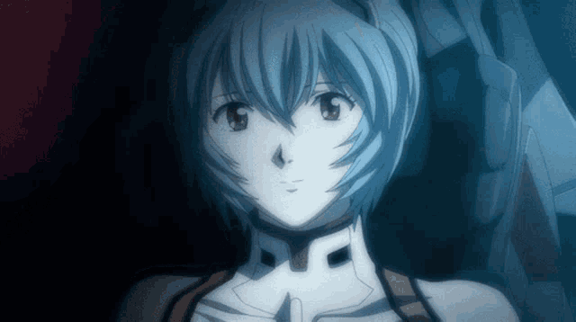 a close up of a blue haired anime character with a collar around her neck