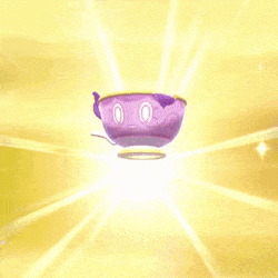 a purple tea cup is surrounded by purple lights and sparkles .