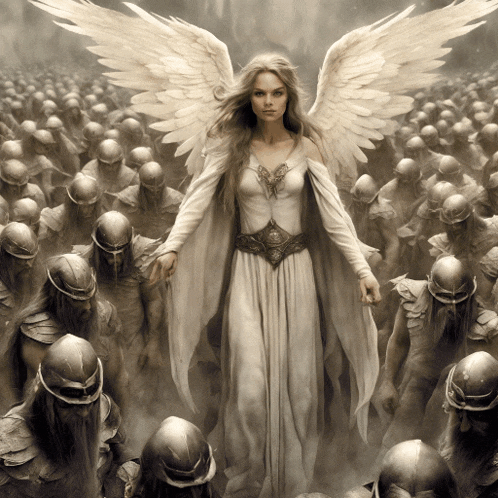 a woman in a white dress with wings stands in front of a crowd of warriors