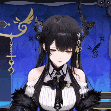 a girl with long black hair and horns is wearing a black and white outfit