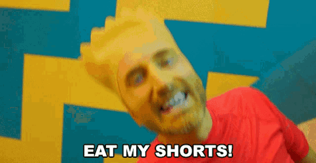 a man with bart simpson makeup on his face says " eat my shorts "