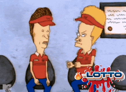 a cartoon of two men sitting in chairs with the word lotto in the corner