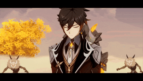 a video game character with his eyes closed standing in front of a tree