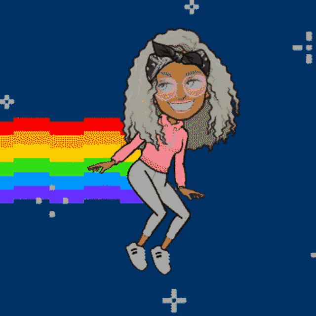 a cartoon drawing of a girl with a rainbow behind her