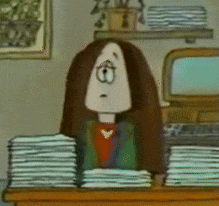 a cartoon character is sitting at a desk with stacks of papers
