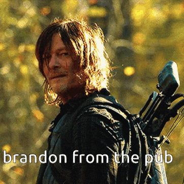 a man with a backpack holding a bow and arrow with the words brandon from the pub below him