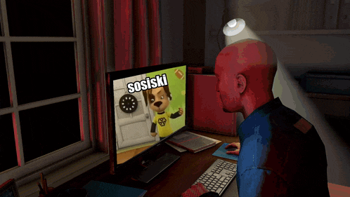 a man sits at a desk playing a video game with the word sosiski on the screen