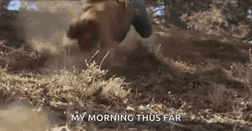 a person is riding a dirt bike on a dirt road and the words `` my morning thus far '' are visible .