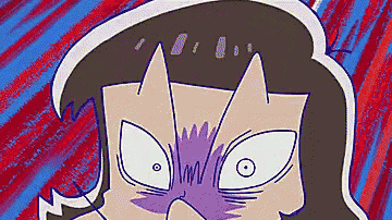 a close up of a cartoon character 's face with purple eyes and a cat 's ears .
