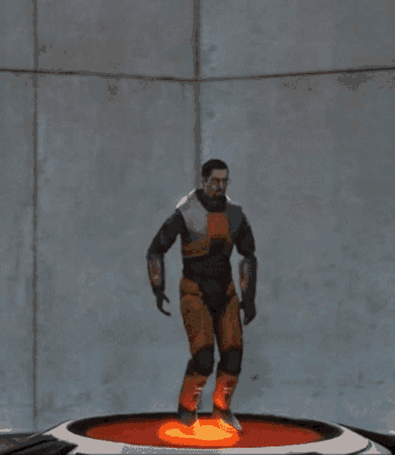 a video game character is standing on a red circle