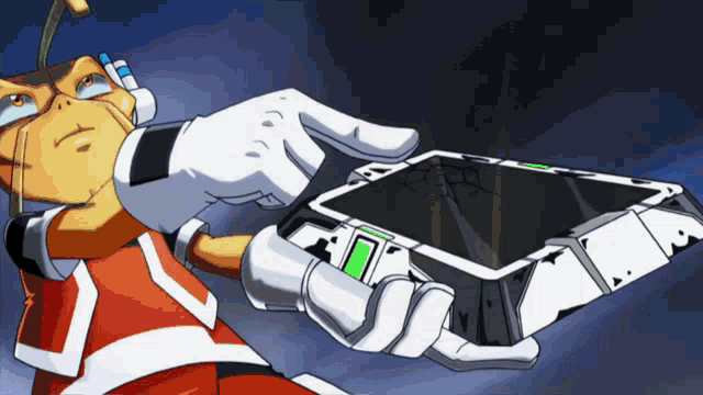 a cartoon character is holding a device with a green light on the screen