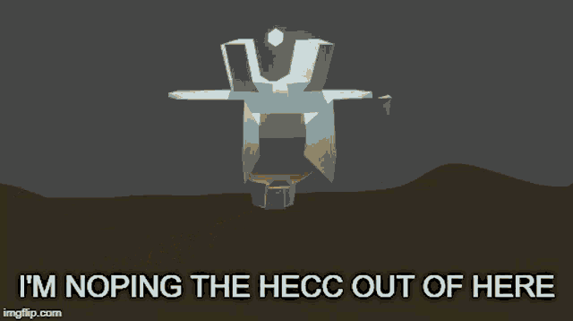a drawing of a building with the words i 'm noping the hecc out of here below it