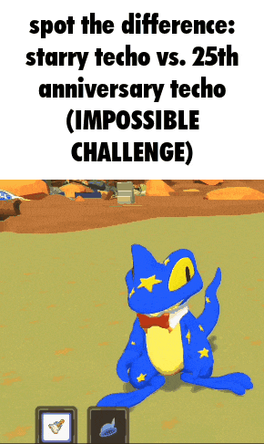 a blue frog wearing a red bow tie is in a video game called starry techo vs. 25th anniversary