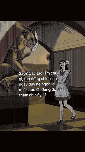 a girl in a maid outfit is standing in front of a monster
