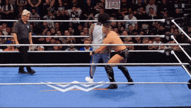two wrestlers are in a wrestling ring with a crowd watching