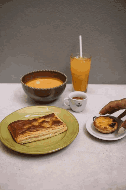 a person reaches for a pastry on a plate next to a cup of coffee