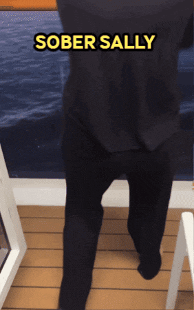 a person walking on a deck with the words " sober sally " on the bottom
