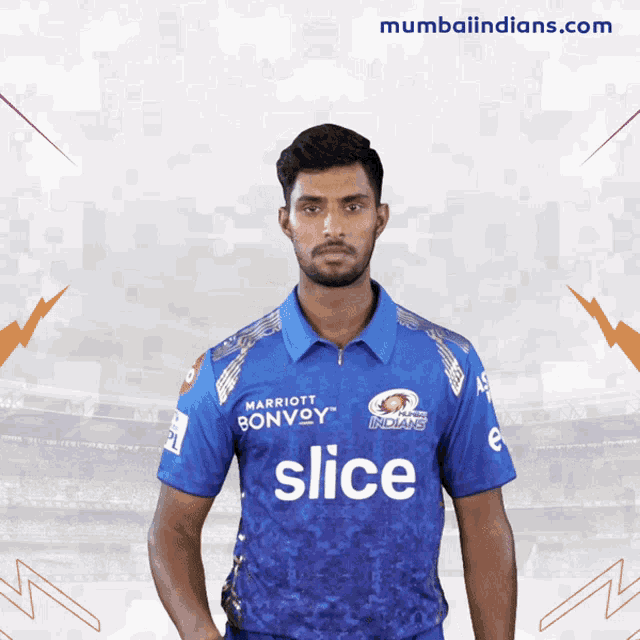 a man wearing a blue shirt that says slice