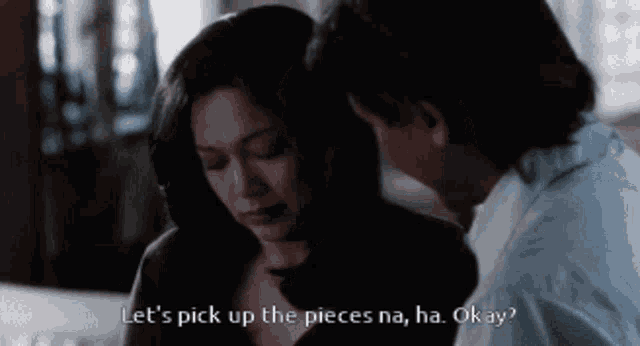 a man and a woman are talking and the woman says let 's pick up the pieces na okay