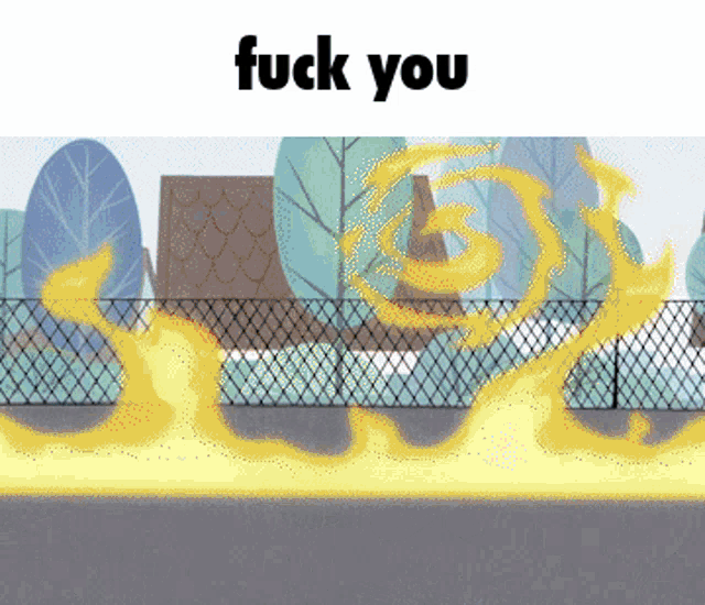 a cartoon scene with a fence and trees and the words fuck you above it