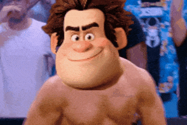 a cartoon character without a shirt is smiling in front of a crowd