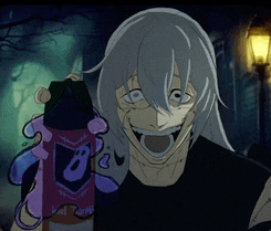 a cartoon character with gray hair is holding a purple item with a ghost on it